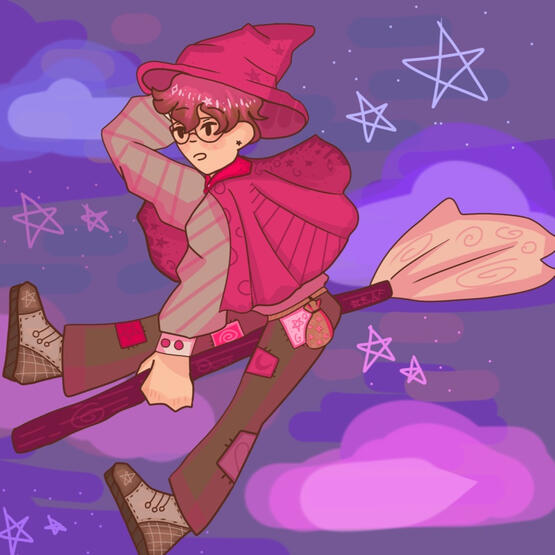 A drawing of a person with light skin and pink and brown hair. He is wearing a pink witch outfit and is riding a broom. There are patches in pink shades on their long pants, and they are wearing sneakers. In the background there is a purple sky with light